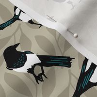 Magpies on Neutral Taupe Leaves