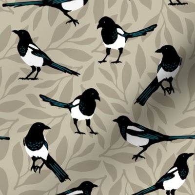 Magpies on Neutral Taupe Leaves