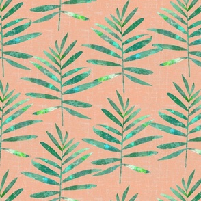 Green Watercolor Palms on Coral Grasscloth