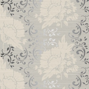Grasscloth French Gray/Silver and Cream Peonies 