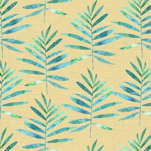 Blue Watercolor Palms on Gold Grasscloth