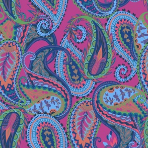 Large Scale Blue Paisley on Pink