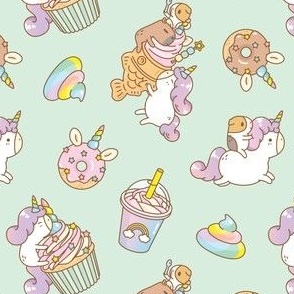 Bubu and Moonch Unicorn Party Pattern in Mint Green