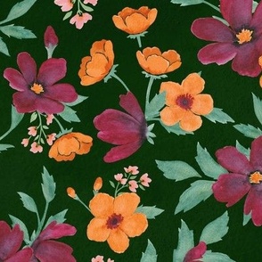 Watercolor Autum Florals in Forest Green
