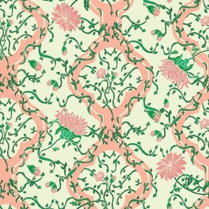 Peach quatrefoil-with-flowers very pale green