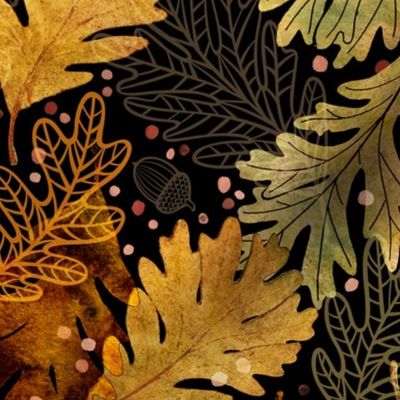 Autumn Confetti Black Large- Fall Leaves- Thanksgiving Home Decor- Earthy Tones Oak Leaves and Acorns