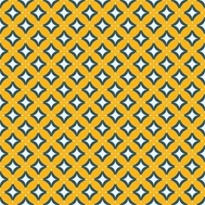 005 - $ Small scale modern Frangipani Stylized Geometric Floral:  for home décor, kids apparel, crafting and quilting - in pretty retro golden yellow and navy blue on white.