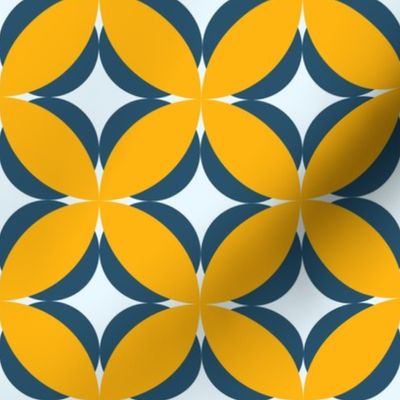 005 - Medium scale modern Frangipani Stylized Geometric Floral: in sunshine yellow and french blue, for wallpapers, home decor accessories and bed linen