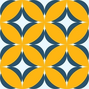 005 - Medium scale modern Frangipani Stylized Geometric Floral: in sunshine yellow and french blue, for wallpapers, home decor accessories and bed linen