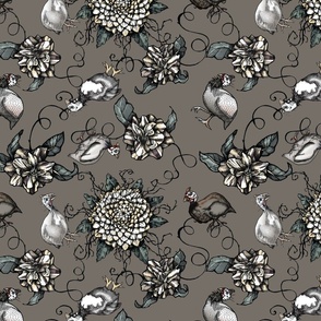 Vintage Feel Guineas and Flowers, Muted Palette