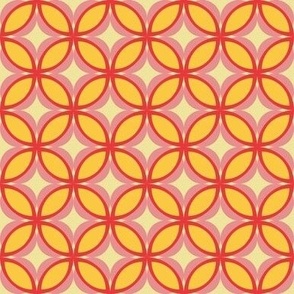 006 - Small scale Modern Frangipani Stylized Geometric Floral in Pink, Red and Cream, in happy sunshine yellow, pretty red and berry pink, for table placemats, table runners and napkins, perfect for summer lunches and picnic, as well as children's wear.