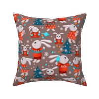 Big family of bunnies decorates Christmas trees, dark turquoise Christmas trees on a dark beige background, Average size