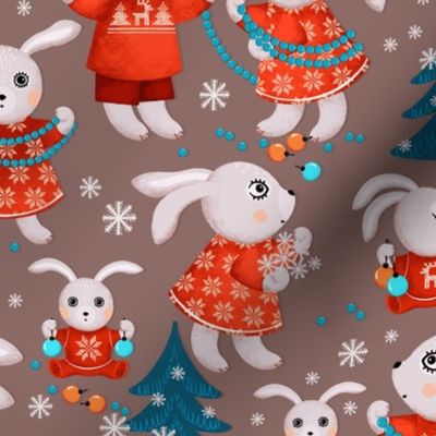 Big family of bunnies decorates Christmas trees, dark turquoise Christmas trees on a dark beige background, Average size