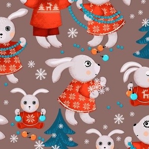 Big family of bunnies decorates Christmas trees, dark turquoise Christmas trees on a dark beige background, Average size