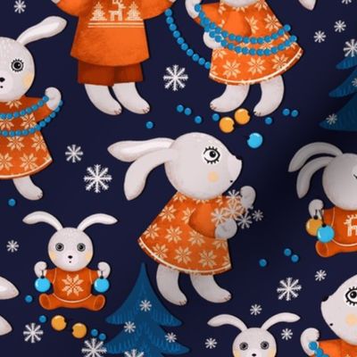 Big family of bunnies decorates Christmas trees, dark blue Christmas trees on a dark blue background, Average size