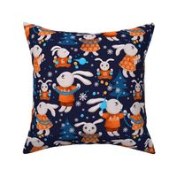 Big family of bunnies decorates Christmas trees, dark blue Christmas trees on a dark blue background, Average size