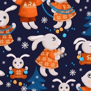 Big family of bunnies decorates Christmas trees, dark blue Christmas trees on a dark blue background, Average size