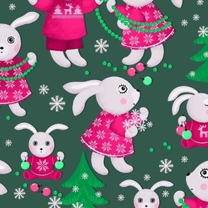 Big family of bunnies decorates Christmas trees, green Christmas trees on a dark green background, Average size