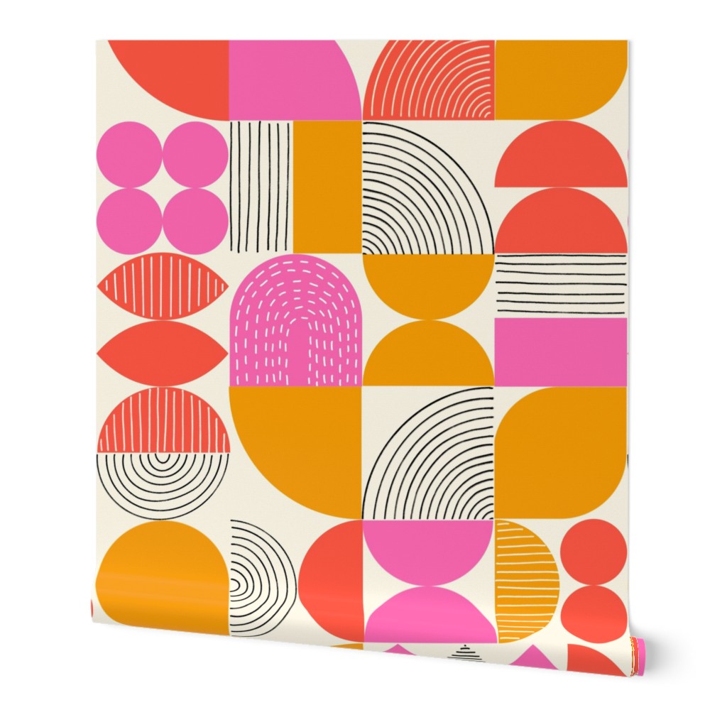 Retro Geometric Line Art Shapes Pink Orange Small