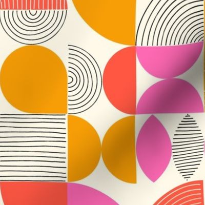 Retro Geometric Line Art Shapes Pink Orange Small