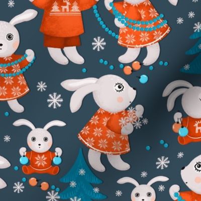 Big family of bunnies decorates Christmas trees, dark turquoise Christmas trees on a dark turquoise background, Average size