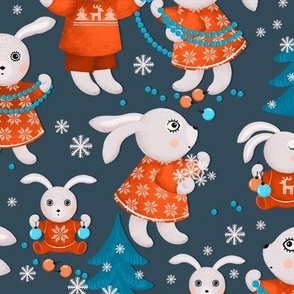 Big family of bunnies decorates Christmas trees, dark turquoise Christmas trees on a dark turquoise background, Average size