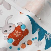 Big family of bunnies decorates Christmas trees, dark turquoise Christmas trees on a white background, Average size
