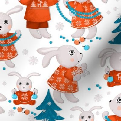 Big family of bunnies decorates Christmas trees, dark turquoise Christmas trees on a white background, Average size