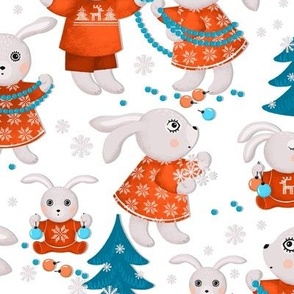 Big family of bunnies decorates Christmas trees, dark turquoise Christmas trees on a white background, Average size