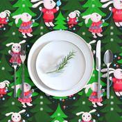 Family of bunnies decorates Christmas trees, green Christmas trees on a dark green background, Average size