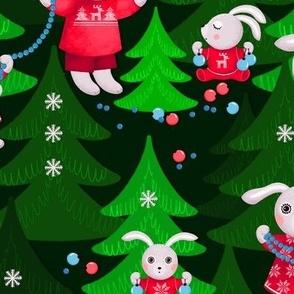 Family of bunnies decorates Christmas trees, green Christmas trees on a dark green background, Average size