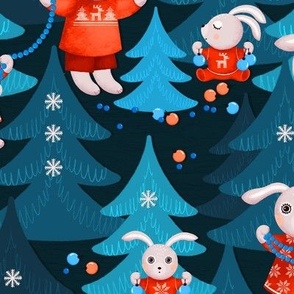 Family of bunnies decorates Christmas trees, blue Christmas trees on a dark blue background, Average size