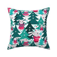 Family of bunnies decorates Christmas trees, turquoise Christmas trees on a white background, Average size