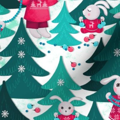 Family of bunnies decorates Christmas trees, turquoise Christmas trees on a white background, Average size