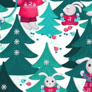 Family of bunnies decorates Christmas trees, turquoise Christmas trees on a white background, Average size