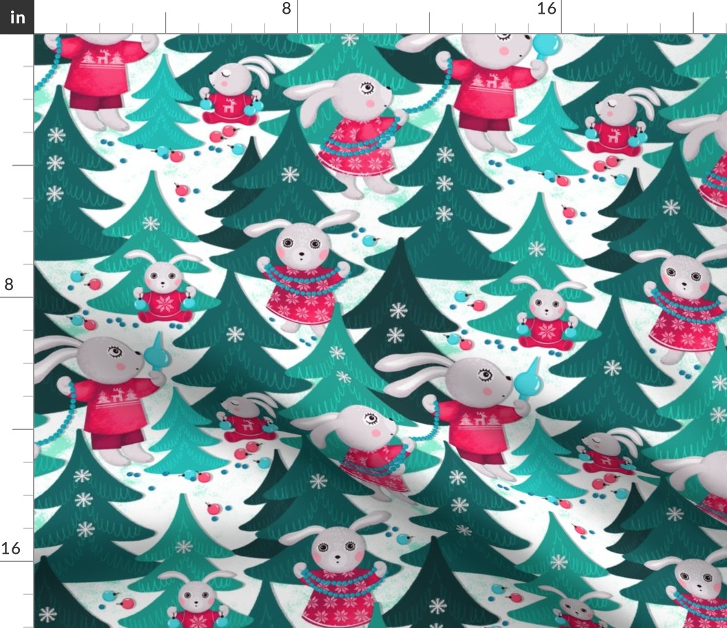 Family of bunnies decorates Christmas trees, turquoise Christmas trees on a white background, Average size