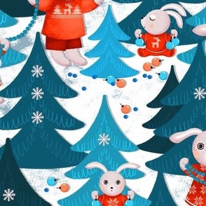 Family of bunnies decorates Christmas trees, blue Christmas trees on a white background, Average size