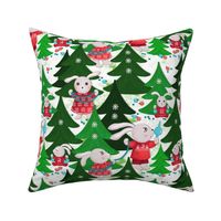Family of bunnies decorates Christmas trees, green Christmas trees on white background, Average size