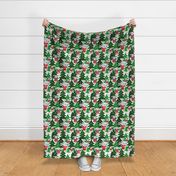 Family of bunnies decorates Christmas trees, green Christmas trees on white background, Average size