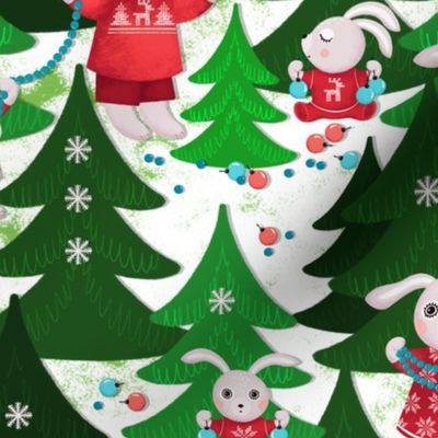 Family of bunnies decorates Christmas trees, green Christmas trees on white background, Average size