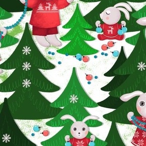 Family of bunnies decorates Christmas trees, green Christmas trees on white background, Average size