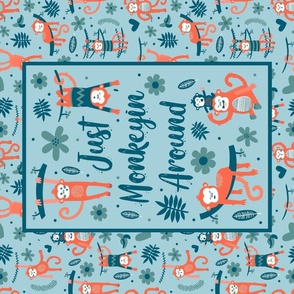 Large 27x18 Fat Quarter Panel for Wall Art or Tea Towel Just Monkeyin' Around Funny Monkeys in Orange and Blue