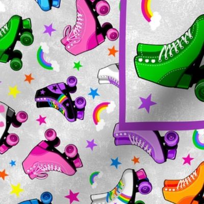 Large 27x18 Fat Quarter Panel for Wall Art or Tea Towel Rollerskates Let's Roll Neon Roller Rink Derby Skate Rainbows and Stars