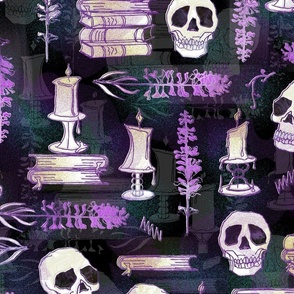 Ode To Alchemy -- Magenta Skulls, Skeletons, Books -- 150dpi (Full Scale)
