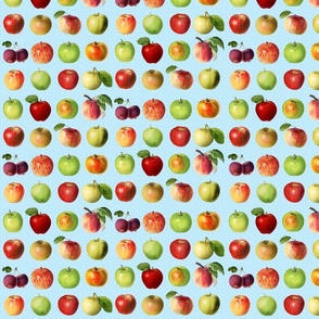Tiny apples and dots on bright blue ground