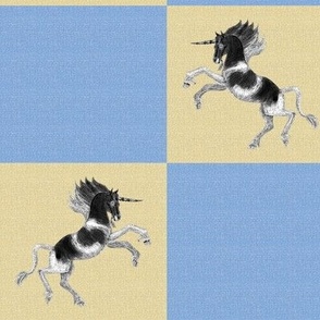 Black Pinto Unicorn on Baby Blue Linen Look Checkerboard