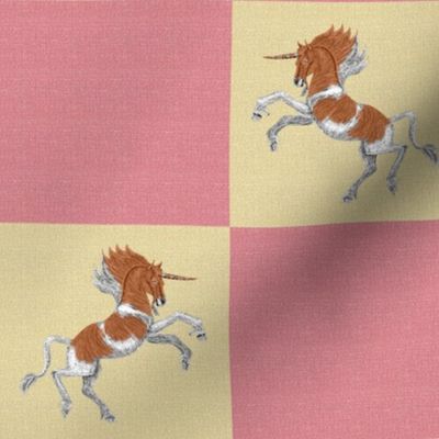Chestnut Pinto Unicorn on Pink Linen Look Checkerboard