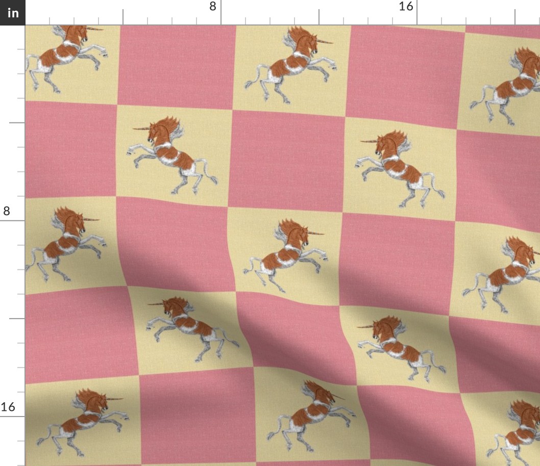 Chestnut Pinto Unicorn on Pink Linen Look Checkerboard