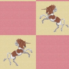 Brown Pinto Unicorn on Pink Linen Look Checkerboard