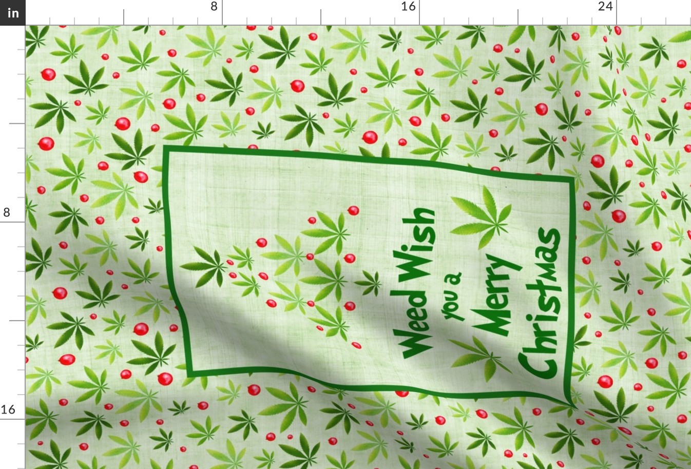 Large 27x18 Fat Quarter Panel for Wall Art or Tea Towel Weed Wish You a Merry Christmas Holiday Greenery and Ornaments Marijuana Pot Plant Humorous Holidays Indoor Garden Wall Hanging